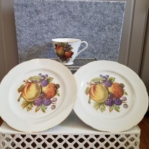 LM Royal Halsey China Dessert Plate & Footed Cup Peach Blackberry Gold Trim Set